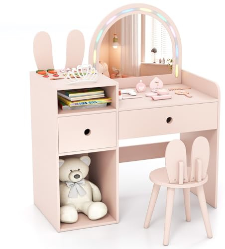 COSTWAY Kinder Schminktisch mit Beleuchtung, Frisiertisch mit bunten LED-Lichtern & Hocker, Kinderschminktisch mit 2 Schubladen, offenen Fächern & Zubehör, Kosmetiktisch für Mädchen ab 3 Jahren (Rosa)