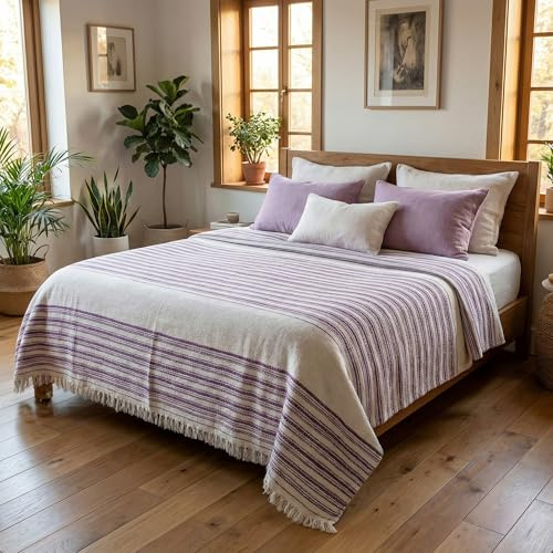 Loomvia Leichte Bettüberwurf & Tagesdecke 240x260 cm, 215 GSM, seidig weich Sommerdecke, Überwurf für Bett & Sofa, aus Baumwolle & Bambusviskose - Pflegeinfos unter Info zu diesem Artikel - Lila