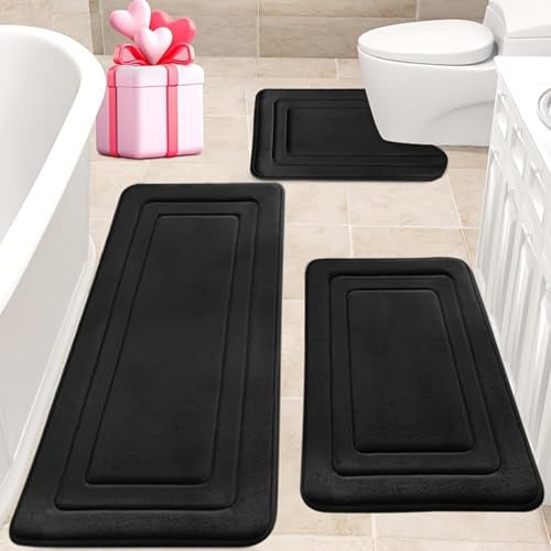 Jyswx Badezimmer Teppich Set 3-teilig Memory Foam, rutschfest & Absorbierend, Waschbar, Weich & Schnell Trocknend, Badvorleger für Dusche, Toilette & Badewanne,Schwarz