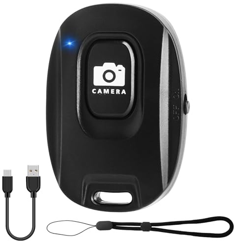 Disparador automático de cámara Bluetooth 5.2 para iOS y Android – Mando a distancia recargable para fotos y vídeos con botón selfie, cable de carga USB y correa de mano, color negro