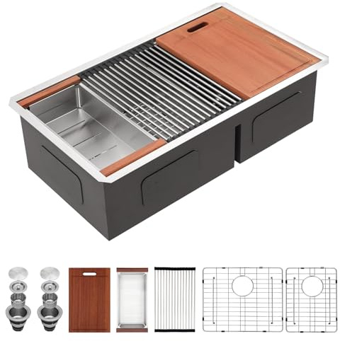 Sarlai 36 Undermount Kitchen Sink Double Bowl- 36 x 19 Inch Kitchen Sink Ledge Workstation Stainless Steel 16 Gauge Double Basin 60/40 Low Divide Under Counter Kitchen Sinks Basin