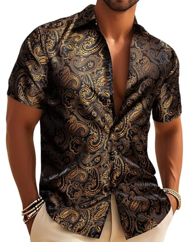 Barry.Wang Men's Silk Paisley Short Sleeve Button Down Shirts Disco Mexico | Designer Vintage Floral Jacquard,Luxury Classic 70s,Casual,Business,Button Up Fancy Dress,Lightweight,Untucked,Wedding,Party