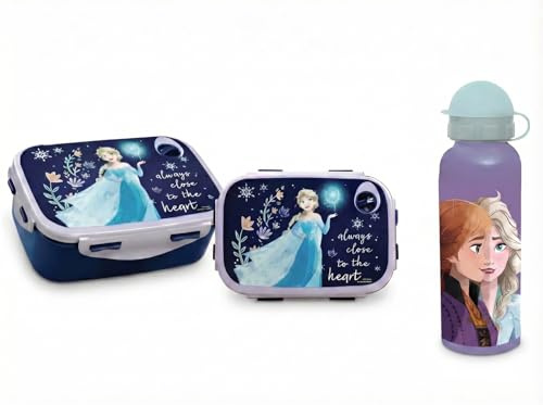 Disney Die Eiskönigin 2-TLG. Lunch Set mit Brotdose und Alu Trinkflasche 520 ml, Frozen Frühstücksset mit ELSA und Anna, Lunchbox