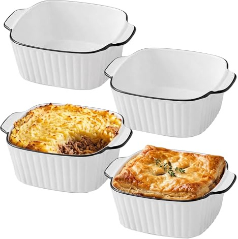 GETRICH 4 Pièces Mini Plats à Gratin Carrés Céramique avec Poignées, Blanc | 14.5 x 11.5 x 5.5 cm Plats à Four, Plat à Gratin, pour Gratin, Pâtes, Desserts et Plus Encore