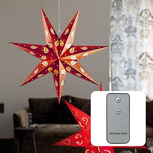 HELLUM Weihnachtsstern Innen, LED Stern Papierstern zum Aufhängen mit Fernbedienung mit Timer, roter Stern Weihnachtsdeko Fenster batteriebetrieben, Ø 60cm, Weihnachtsbeleuchtung innen, 522762