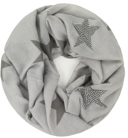 Glamexx24 Loop Schal mit Sternenmuster - Damen Leichter Langschal, Schlauchschal, Loopschal Tuch in vielen Farben SC20170401, Hellgrau