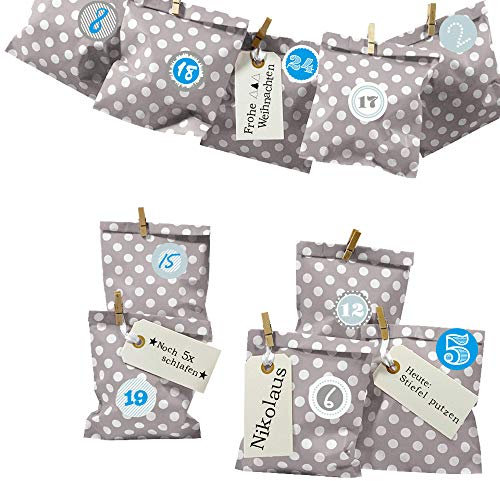 Frau WUNDERVoll® DIY Adventskalender zum Befüllen Bescherung, grau/taupe - weiße Punkte Papiertüten 13x16,5cm, Ziffern blau grau/Weihnachten Aufkleber Advent Kalender Kinder Geschenkbeutel