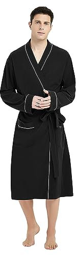 U2SKIIN Morgenmantel Herren 100% Baumwolle, Bademantel leicht Kimono Saunamantel Hausmantel lang (Schwarz, L/XL)
