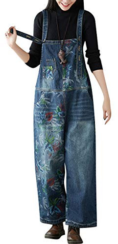 Youlee Donna Gamba Larga Tute di Jeans Salopette Casual retrò Style 3 Dark Blue