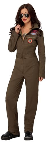 Smiffys Top Gun Ladies Costume, Adults Khaki Jumpsuit, Official Top Gun License Outfit with Applique Iconic Badges, Gathered Back for Comfort & Fit, Official Top Gun Halloween Fancy Dress