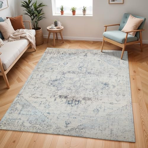 Livabliss Tampa Vintage Teppich Groß - Orientalischer Boho für Wohnzimmer, Esszimmer, Schlafzimmer - 160x213 cm, Kurzflor, Einfache Pflege - Muster in Blau und Creme