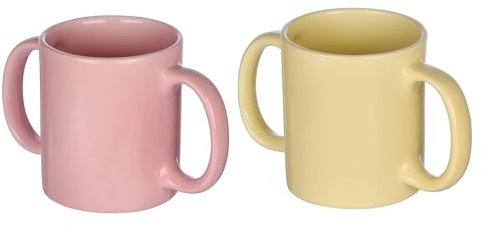 HealthGoodsin - Juego de 2 tazas de doble asa para un agarre seguro | Tazas de cerámica con doble asa sin BPA para ayudar a los temblores | 11.83 onzas líquidas Oz. (350 ml), color rosa y azul