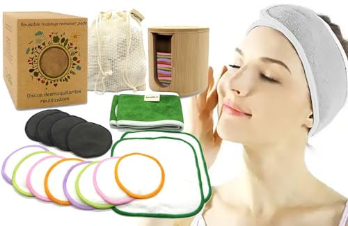 Assortiment de disques démaquillants réutilisables respectueux de l’environnement Grands, doux et lavables. Coffret cadeau avec disques de bambou, lingettes, serre-tête et sac de lavage.