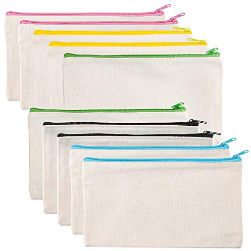 10 PCS DIY Blanko Stoffbeutel, Blanko Federmäppchen Klein, Mehrzweck Leinwand Bleistifthalter, Schminktasche für unterwegs, Kosmetiktaschen mit Reißverschluss, kleine Kulturtasche 21 x 12 cm