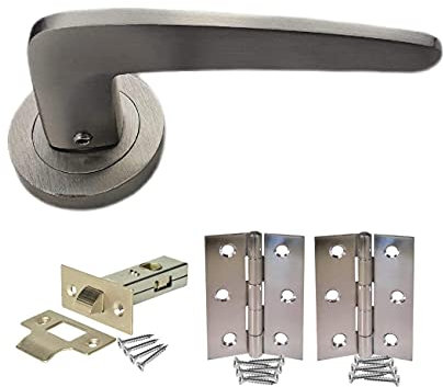 Golden Grace Venus Door Handles on Round Rose in Satin Stainless Steel Finish, Complete with Hinges & Tubular Latch - 1 Pair