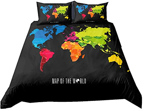 Retro Weltkarte Bettwäsche Set Nordischer Stil bequemer Polyester Bettbezug für Kinder Jungen Jugendliche Erwachsene Blau Navy Herbst Winter Quilt Cover & Kissenbezug (Farbe 2, 135 x 200 cm)