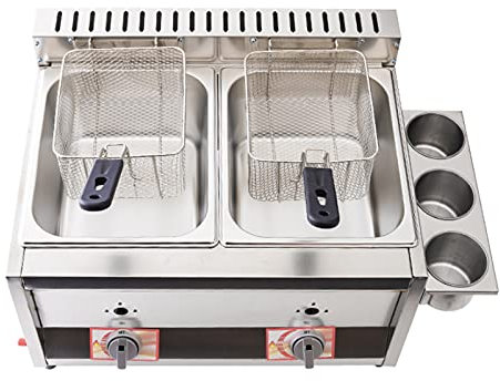 Friteuse à gaz à double cylindre 20L, friteuse à gaz professionnelle en acier inoxydable commerciale avec cuillère à panier pour la machine à frire de cuisine familiale de comptoir de restaurant