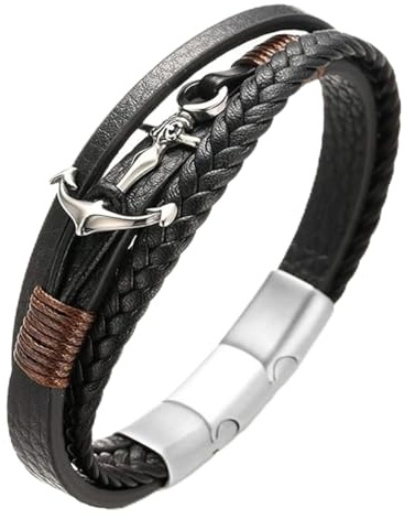 Halukakah Kinder ● Segel Junior ● Jungs Echtleder Handgefertigter Zopf Anker Armband 13-16 Jahre Alt. Titan Matt Magnetverschluss Größe Einstellbar 18-19.5cm mit Gratis Geschenkbox
