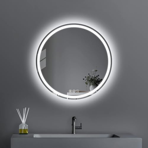 AI-LIGHTING Round Circle Bathroom LED Mirror 400mm Illuminated Backlit with 3 LED Lights for Wall Touch Switch Demister Color Dimmable Wall Mounted