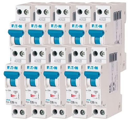 EATON 264747 PLG4-C20/1N - DISJONCTEUR MODULAIRE PH/N - Blanc - MANETTE BLEUE - 1P+N / 20 A - COURBE C - Raccordement à vis - 10 disjoncteurs