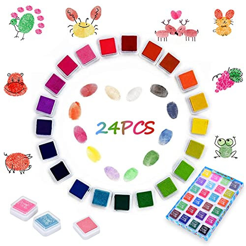 Fokelyi Colour Stamp Pad Set, 24 Colours Stamp Pad Fingerprints Non-Toxic Washable Finger Stamp Paint, Mini Stamp Pad for Paper Craft Fabric, Scrapbook, Cloth, Children's Birthdays