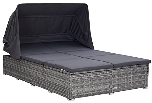 Gecheer 2-Personen Sonnenliege mit Auflage Klappdach Gartenliege Doppelliege Relaxliege Gartenmöbel Liege Strandliege Poly Rattan Grau