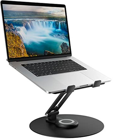 Swivel Laptop Stand for Desk, Adjustable Height Aluminum Computer Stand with 360 Rotating Base, Foldable Ergonomic Riser, Portable Laptop Holder Compatible with MacBook, All Laptops 10-17'',Black