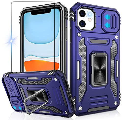 Jshru for iPhone 11 Phone Case with Slide Camera Cover [Upgrade],Military Grade Shockproof iPhone 11 Case with Ring Kickstand, Anti-Scratch Armour Phone Cover for iPhone 11 (6.1 inch),Blue