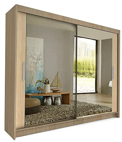 COMFATRA Toronto Double Wardrobe for Bedroom with Sliding Doors Mirror Wardrobe, 2 Door Wardrobe with Large Capacity and Easy Assembly, Space Saving Wardrobe for Bedroom Furniture (Oak, 203 cm)