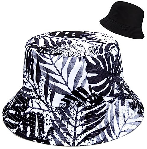 Newellsail Fischerhüte Doppelseitig Reversibel Fischerhut Faltbarer Unisex Fishermütze für Wandern Camping Reisen Angeln, Schwarz und Weiß Kokosnussbaum Druck (56-58cm)