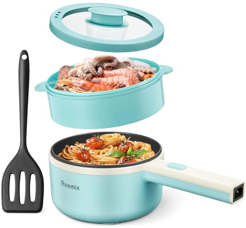 Reemix - Electric Hot Pot with Steamer, 1.6L Ramen Pot Non-Stick Steak, Egg, Fried Rice, Ramen, Oatmeal, Soup, Personal Portable Hot Pot, Great for Bedroom and