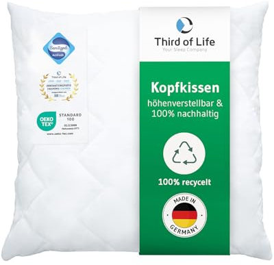 Kopfkissen 60x60 VERDA made in Germany, 100% nachhaltig, Orthopädisches Schlaf-Kissen 60 x 60, Polster aus recycelten Fasern, Höhenverstellbar für Bauch-, Rücken-, Seitenschläfer, Ideal für Allergiker