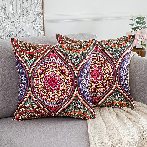 Serento Kissenbezug 45x45 cm Dekokissen Bunt Mandala Blumen Zierkissen Leinen Kissenhuellen Boho Sofakissen Moderne Kissenbezüge Home Decor für Sofa Couch Bett Wohnzimmer 2 Stück