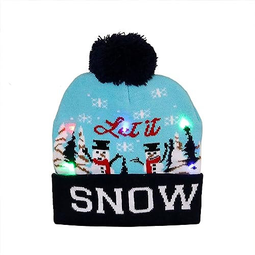 LED Weihnachtsmütze, Leuchtende Strickmütze Bommelmütze Damen Kinder Winter Weihnachten Beanie Mütze mit Weihnachtsbäume Schneemänner Muster Warme Weihnachtsmützen Mütze für Kinder Erwachsene