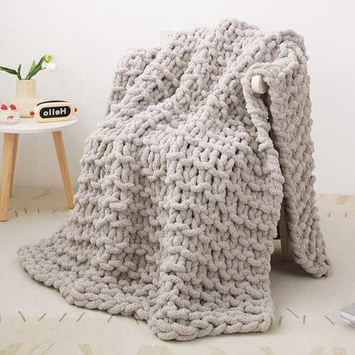 Decke Grob Gestrickte, Grobstrick-überwurf Strickwolle Dickes Garn, 100% Dicke Wolle Zum Handstricken Strickdecke, überwürfe Für Sofa Gestrickte Bettüberwurf-DeckenFürBetten, 101x127cm, Hellgrau