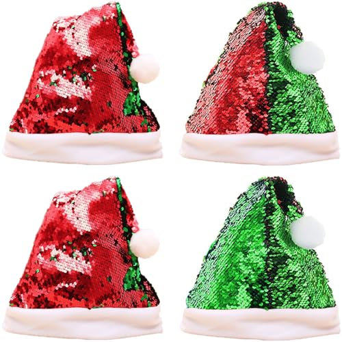 Yueser Weihnachtsmütze Pailletten, 4Stück Weihnachtsmützen Erwachsene Weihnachtsmütze Weihnachts Mütze Weihnachtsmann Mütze Nikolausmütze Erwachsene Weihnachtshut Glänzende Santa Mütze für Weihnachten