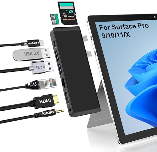 Surface Pro 9 Docking Station con HDMI 4K, USB-C Thunderbolt 4 (8K@30Hz Video+40G Data+100W PD), 100M RJ45, 2 USB 3.0, slot per schede SD/TF, audio da 3,5 mm, triplo display per Surface Pro 9/Pro X