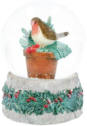 Gisela Graham Schneekugel mit Rotkehlchen im Blumentopf