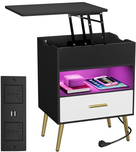 Hochglanz Nachttisch mit RGB Led Licht mit Steckdose & USB, Nachttisch mit 1 Schubladen Nachttisch Led 16 Farben, Computertisch Laptoptisch Höhenverstellbarer Nachttisch, 40x55x70cm, Weiß Schwarz