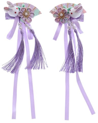 C-117-2 Lila Fächerform Hase Handmade Sakura Kirschblüte Stoff Blumen Quasten Haarclip Haarspange Japan Geisha Kimono China Hanfu Accessoir