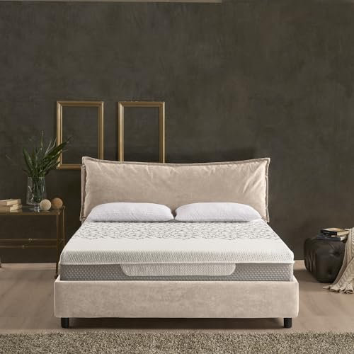 EVERGREENWEB - Letto Matrimoniale King Size con Box Contenitore, Materasso in Memory + Rete a Doghe in Legno 180x200 cm + Coppia Cuscini, Elegante Testiera color Tortora, Tessuto Imbottito SFODERABILE