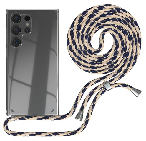 EAZY CASE - Handykette kompatibel mit Samsung Galaxy S24 Ultra Kette zum Umhängen für Galaxy S24 Ultra Hülle mit Band aus Silikon stoßfeste transparente Handyhülle Taupe Camouflage - Clips Silber