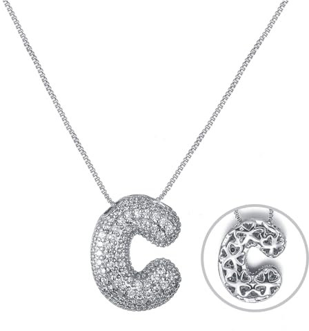 RWQIAN Bubble Buchstaben Kette Silber C Damen Balloon Initialen Haskette Bling Zirkonia Buchstaben Kette Anhänger Blase Letter Schmuck Geschenke für Frauen