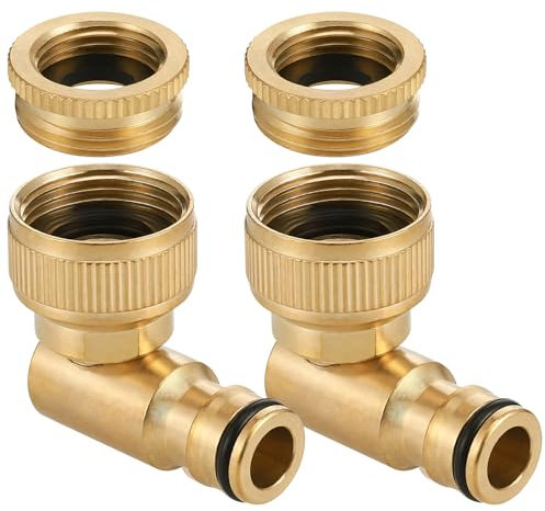 Messing Schlauchanschluss 1/2 und 3/4, Garten Schnellkupplung Adapter, 90° Winkel Innengewinde Wasserhahn Anschluss, Drehbarer Schlauchanschluss 360°, Außenhahn-Anschluss für Schlauchleitung