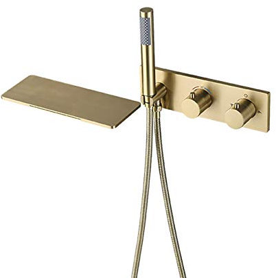 Grifo termostático clásico para bañera, grifo para bañera en cascada, grifo para bañera de oro cepillado, grifo de llenado para bañera de latón montado en la pared con cabezal de ducha de mano, caja