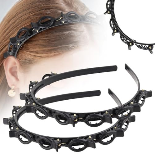 Hairband with Clips, 2024 Neuestes 2 Stück Haarreifen mit Klammern Twist Braid Headband, Stirnband Haarhalter Haarschmuck Haarband für Styling von Kurzen und Langen Haaren (Schwarz, Norm)