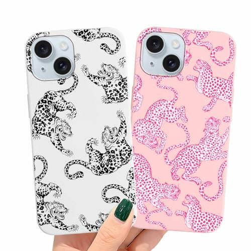 ZhuoFan 2 Pack Case for Apple iPhone 15 6,1,Leopard Animal With Print Girls Women Shockproof Protective Soft TPU Cover Design Aesthetic Funny Pattern Matte Cases,8