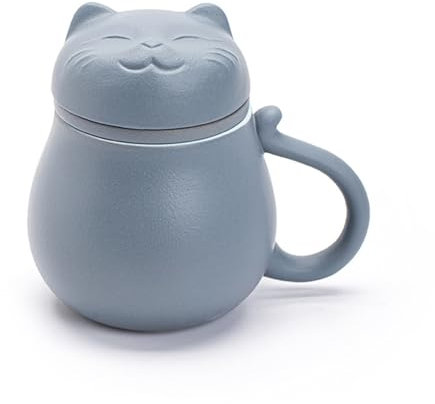 Jarsense Ceramic Tea Cup with Infuser and Lid, 400ML Tea Mug with Lucky Cat Design for Steeping Loose Leaf Suitable for Home Office (Grey)