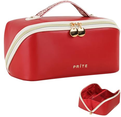 Prite Große Kapazität Kosmetiktasche Tragbare Reise Make Up Tasche wasserdichte PU-Leder Schminktasche oder Kulturbeutel mit Transparente Trenner und Griff (Rot)