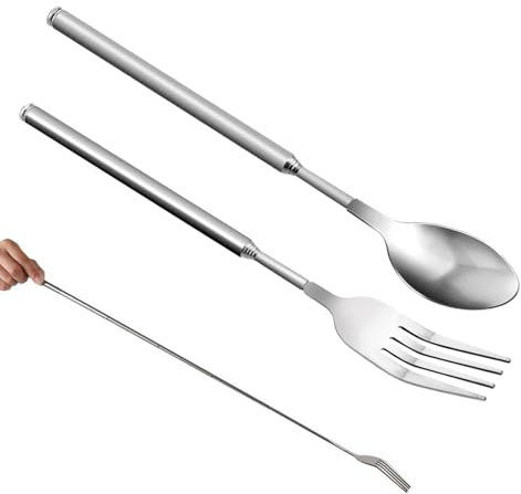 Lot de 2 fourchettes télescopiques, cuillères télescopiques, cuillères longues en acier inoxydable, 63 cm, fourchette télescopique en acier inoxydable de 64 cm, pour barbecue, toast, dîner, fruits,